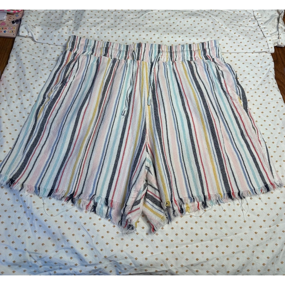 Royalty For Me Womens Linen Blend Striped Fringe Hem Shorts Multi Color Medium